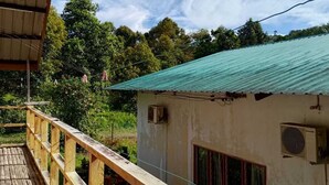 Una terraza de madera con barandilla, un edificio pequeño con techo verde y un fondo de árboles y cielo despejado.