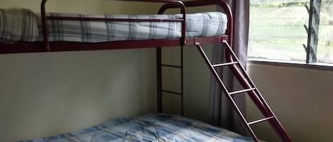 Un letto a castello con una scala, una finestra con tende e vista su del verde all'esterno.