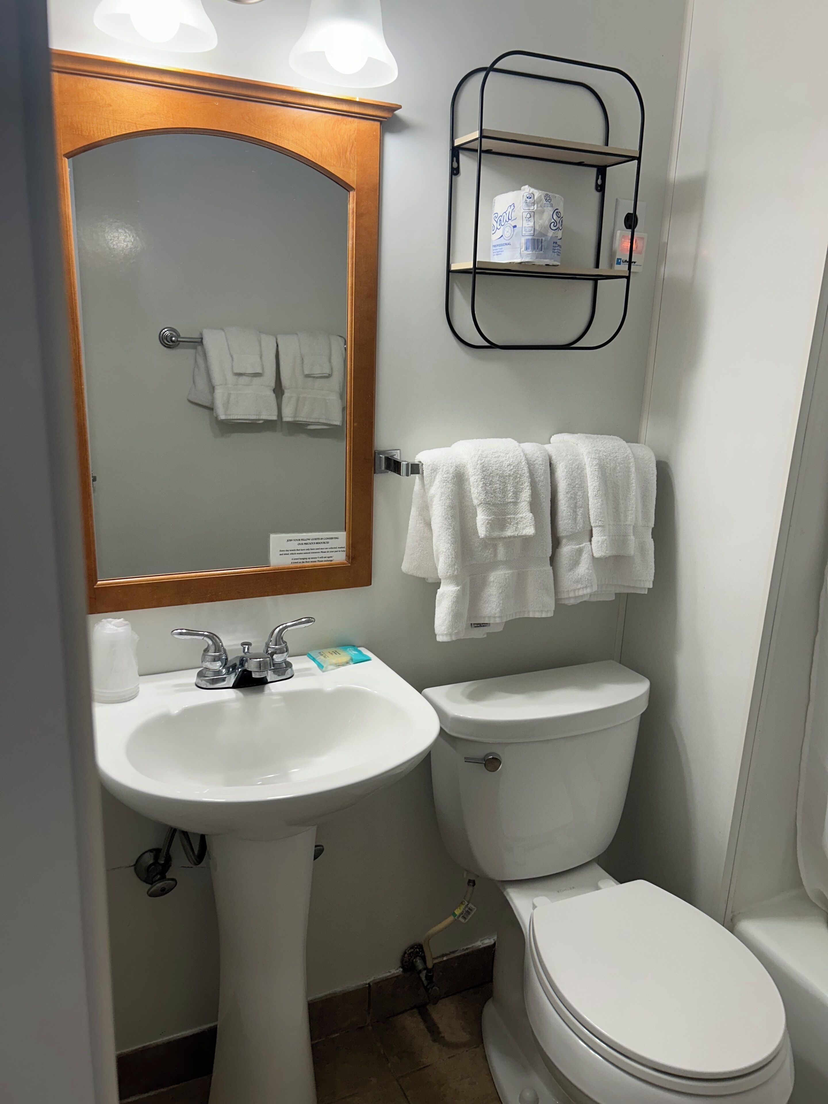 Une salle de bain avec un lavabo sur pied, des toilettes et un miroir avec un cadre en bois. Deux serviettes blanches sont suspendues à un porte-serviettes.