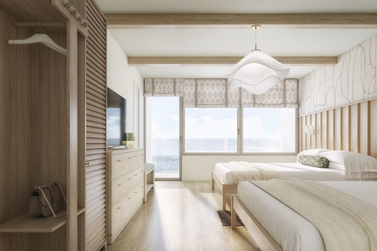 Quarto com cama, guarda-roupa, televisão e janela com vista.
