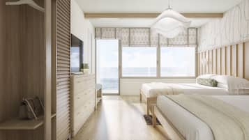 Oceanfront Double Queen Balcony | Premium bedding, in-room safe, desk, laptop workspace