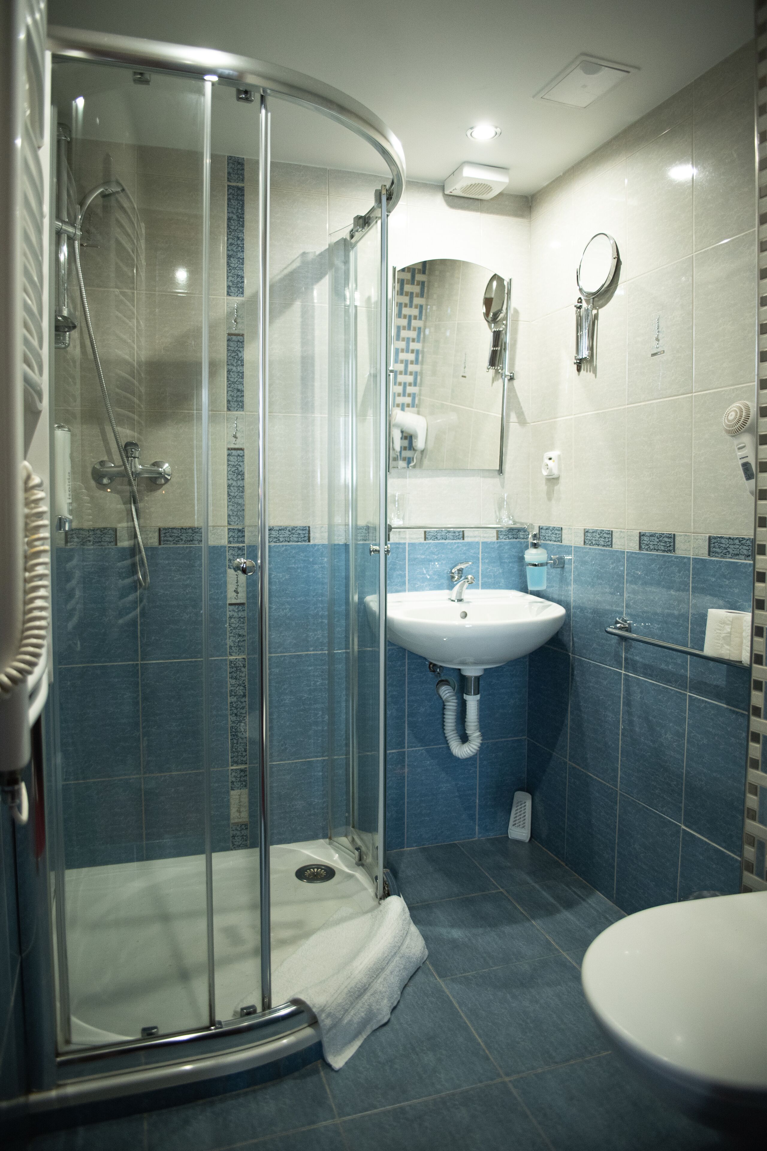 Un baño con ducha envuelta en vidrio, un lavabo y un espejo.