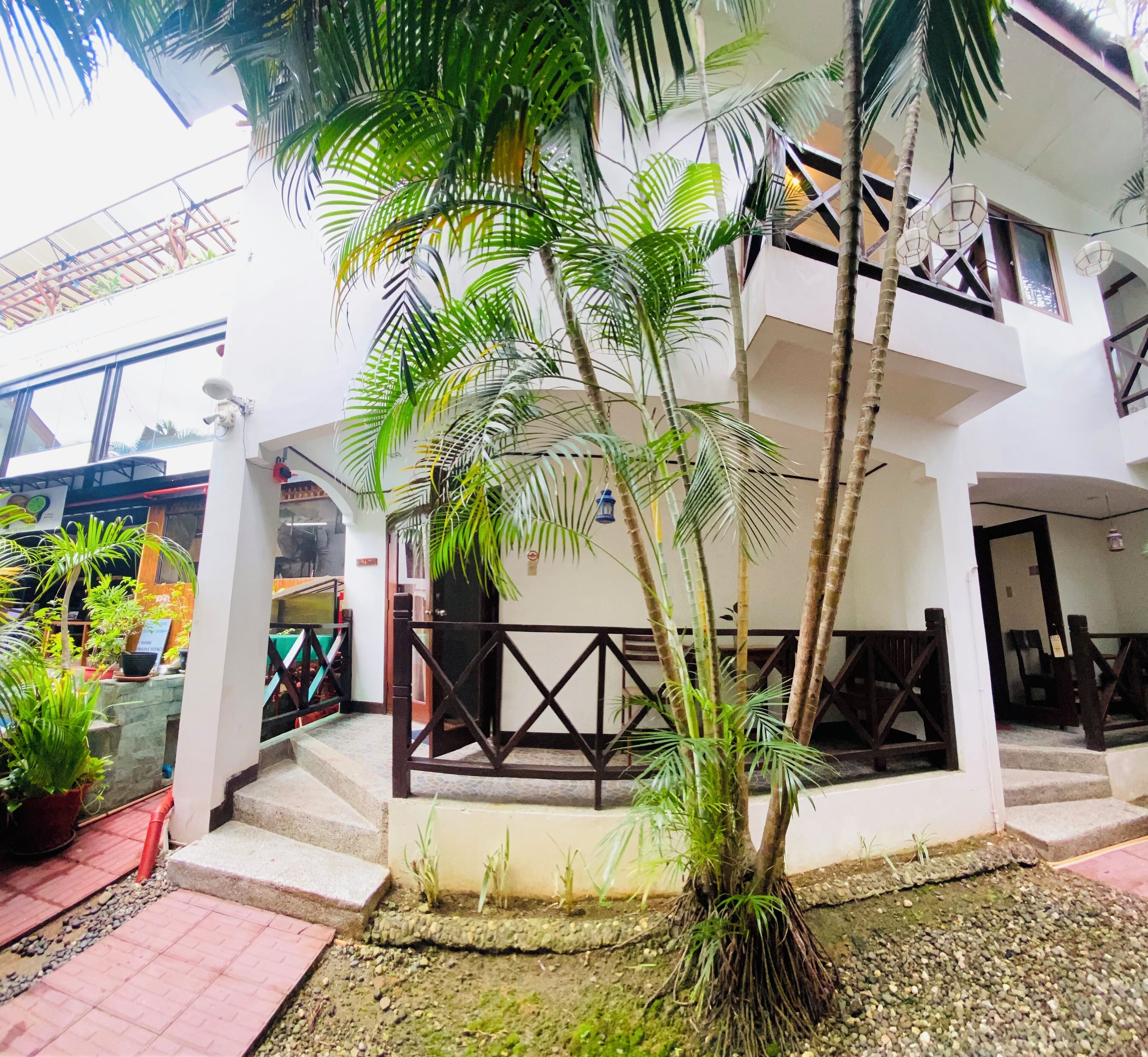 A courtyard with a palm tree, potted plants, and a staircase leading to a balcony.