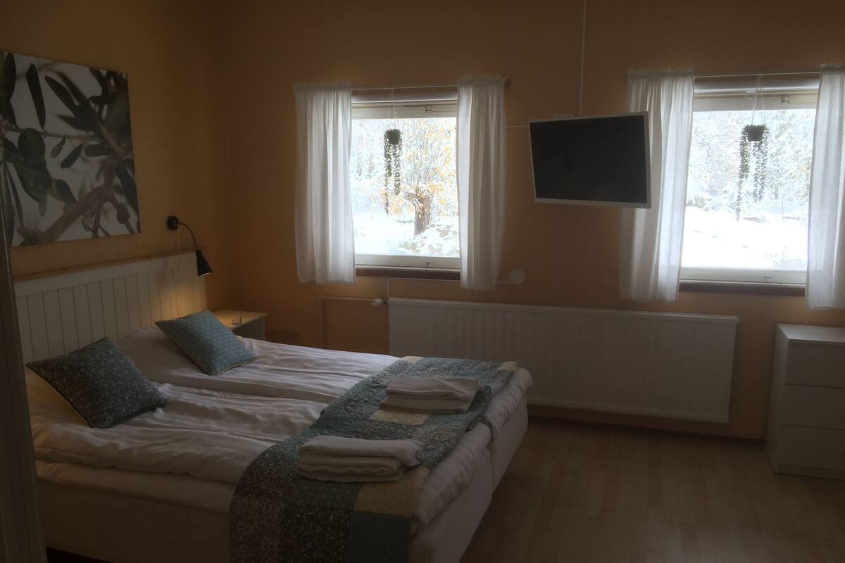 A bedroom with two beds, a TV, and a radiator.
