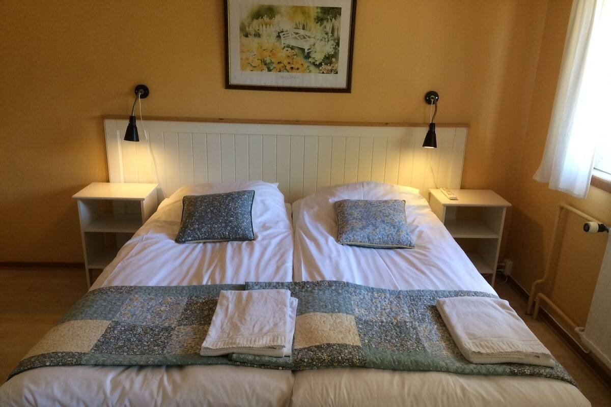 A double bed with two pillows, a quilt, and two bedside tables with lamps.