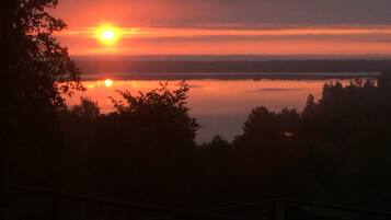A sunset over a calm body of water with trees silhouetted against the sky.