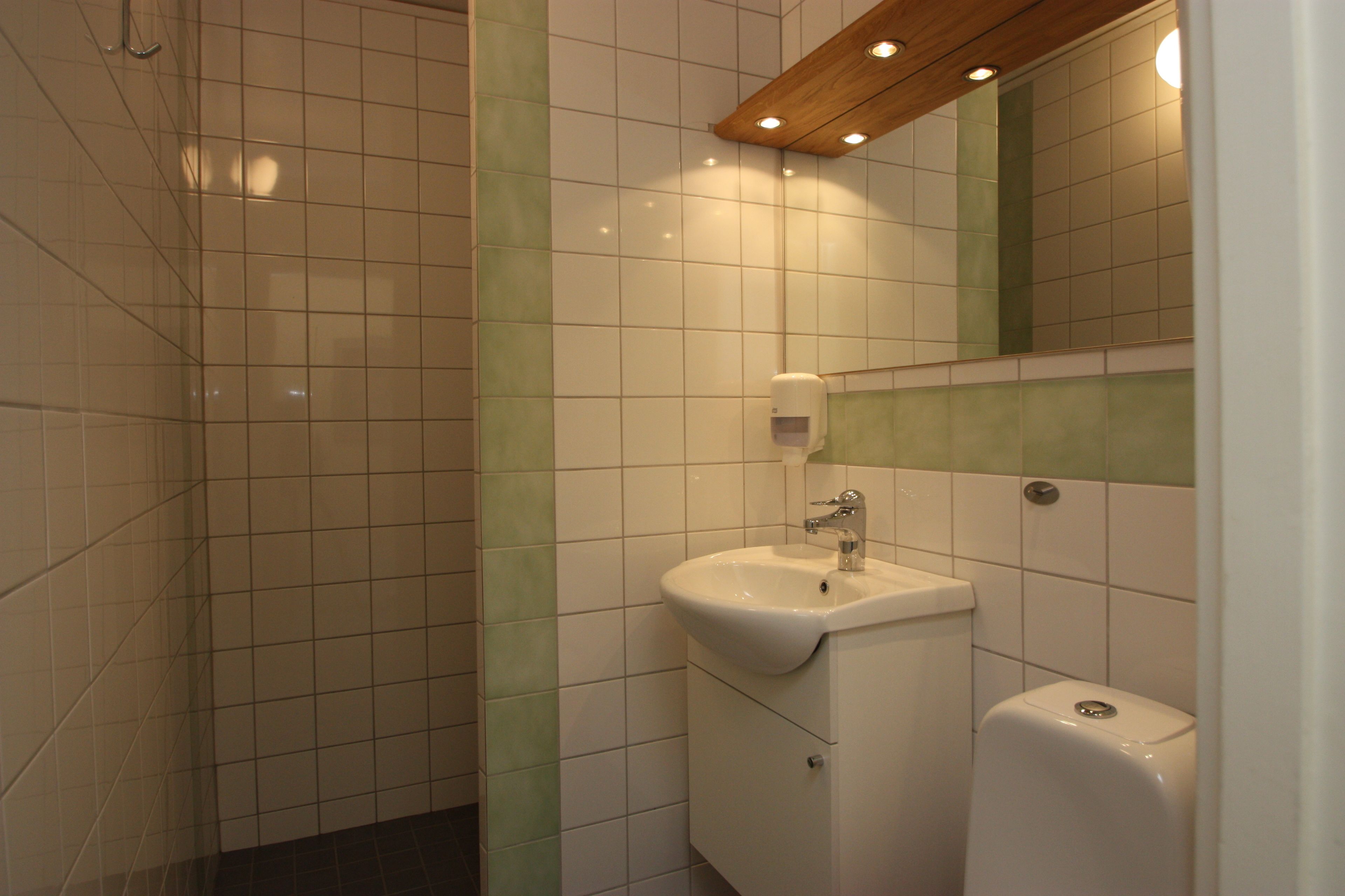 A bathroom with a white sink, a mirror, and a toilet.