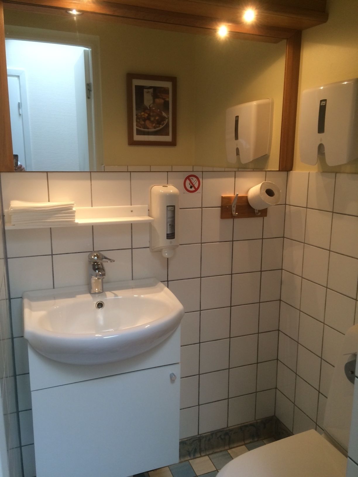 A bathroom with a white sink, a hand soap dispenser, a toilet paper holder, and a no-smoking sign on the wall.