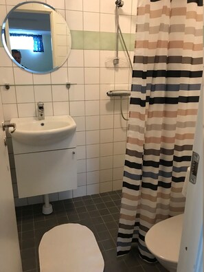 Ducha, secador de pelo, toallas, jabón