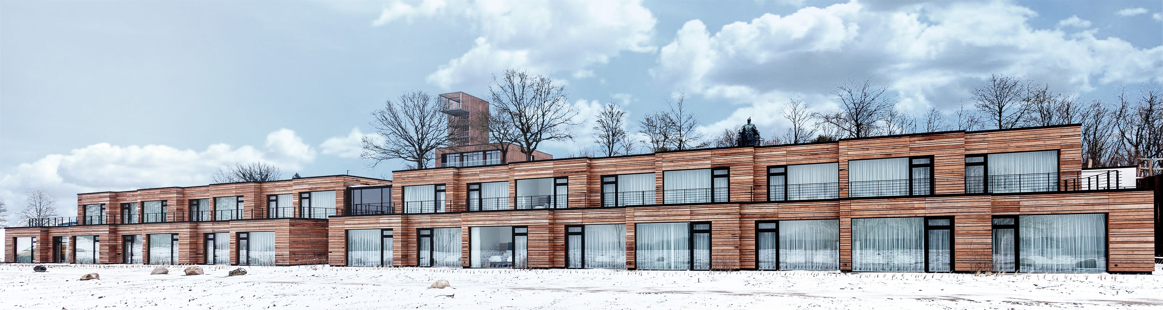 A modern multi-story building with large windows and a wooden facade.