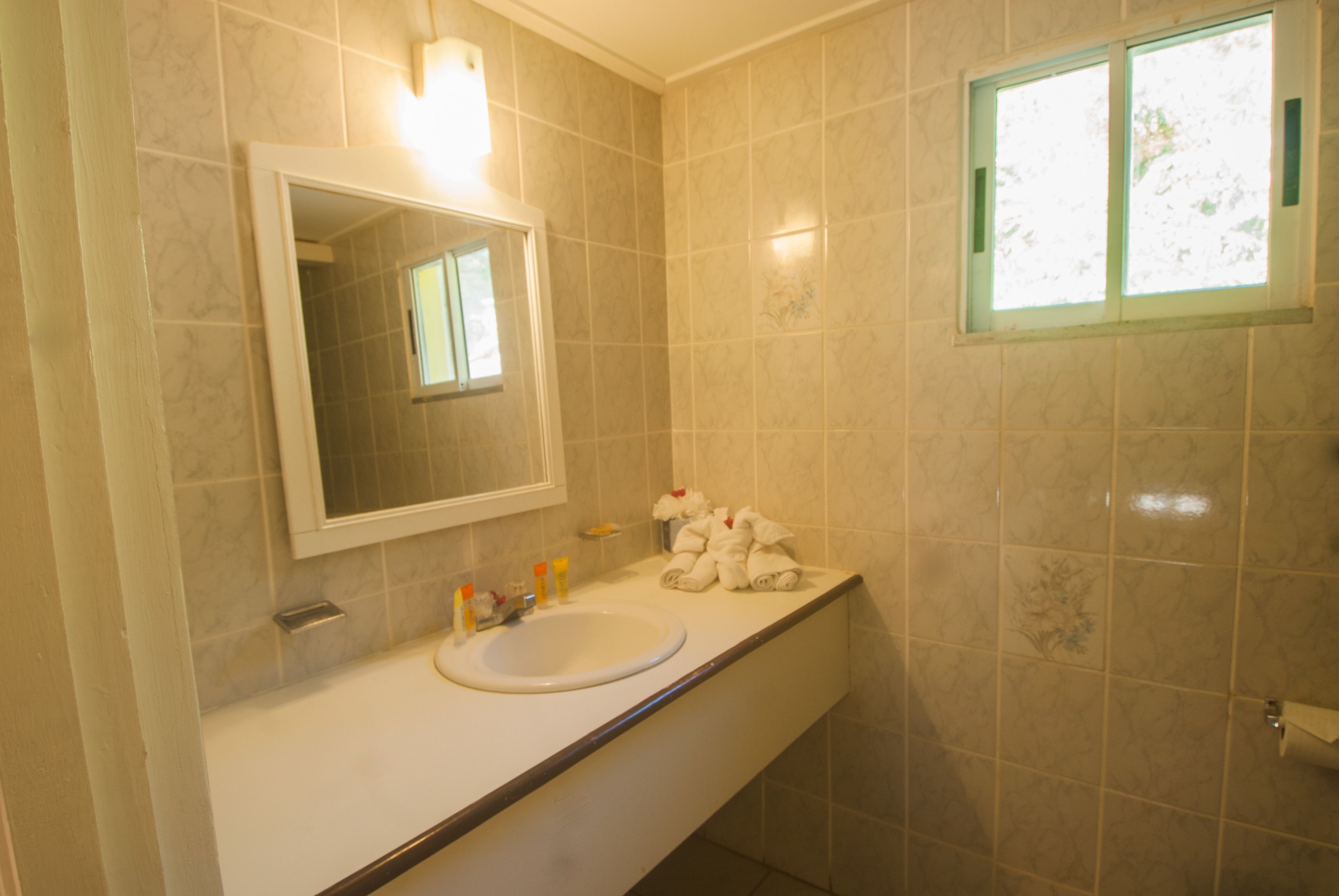 king room with garden view | bathroom | shower, hair dryer, towels