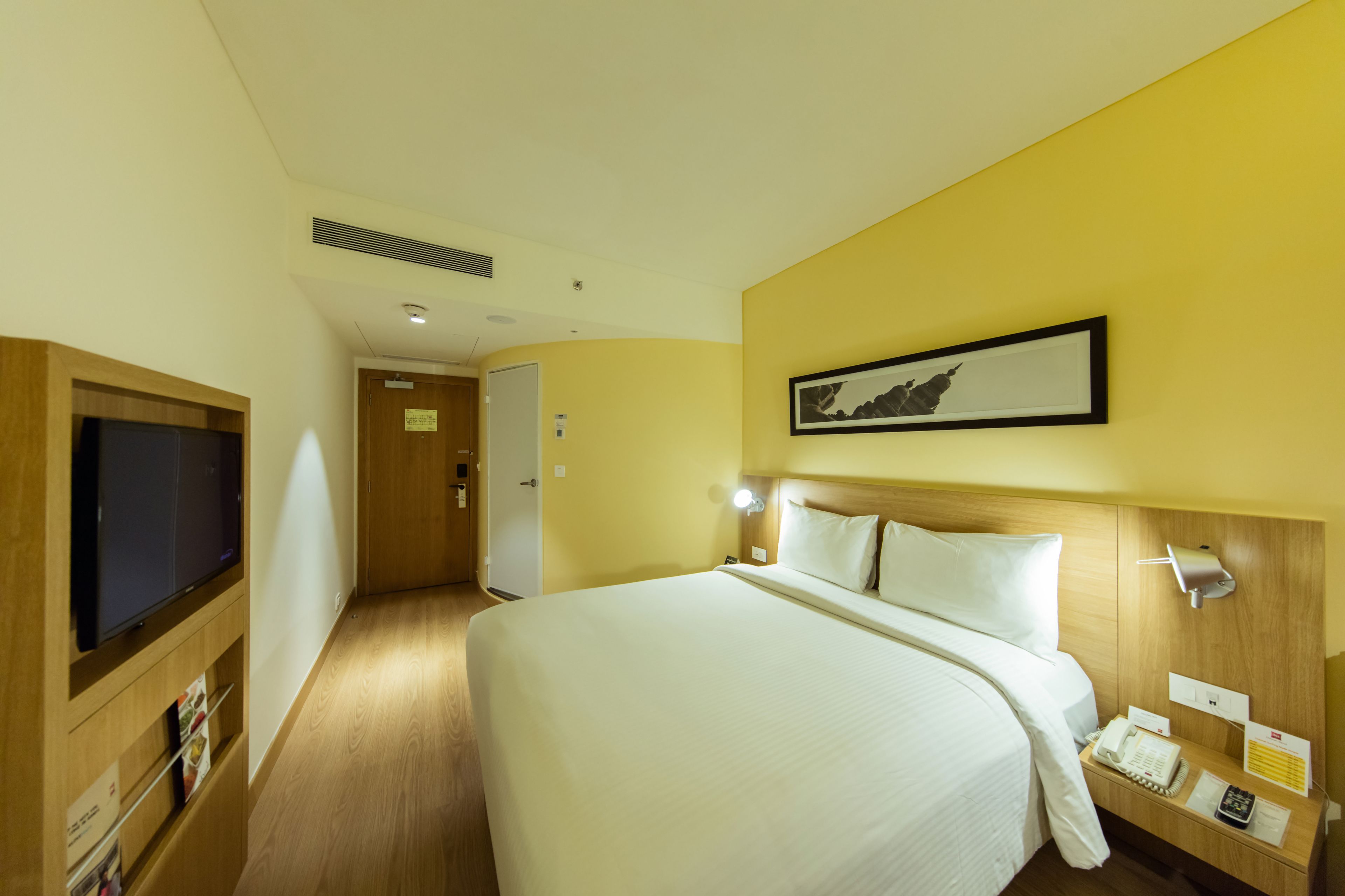 A hotel room with a large bed, a television, a bedside table with a phone and a lamp, and a framed picture on the wall.