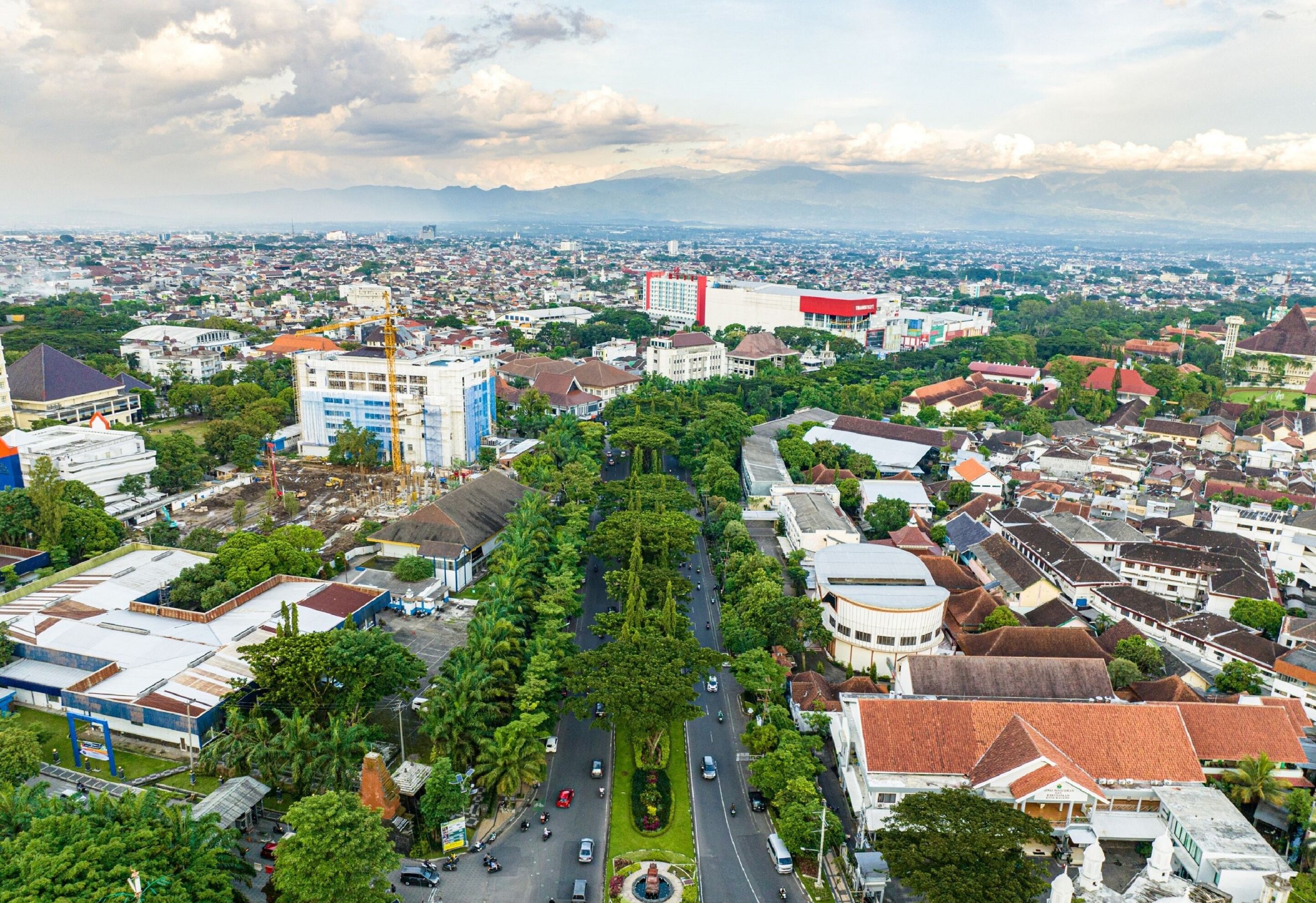 An aerial view of a city with a central tree-lined avenue, buildings, and distant mountains.