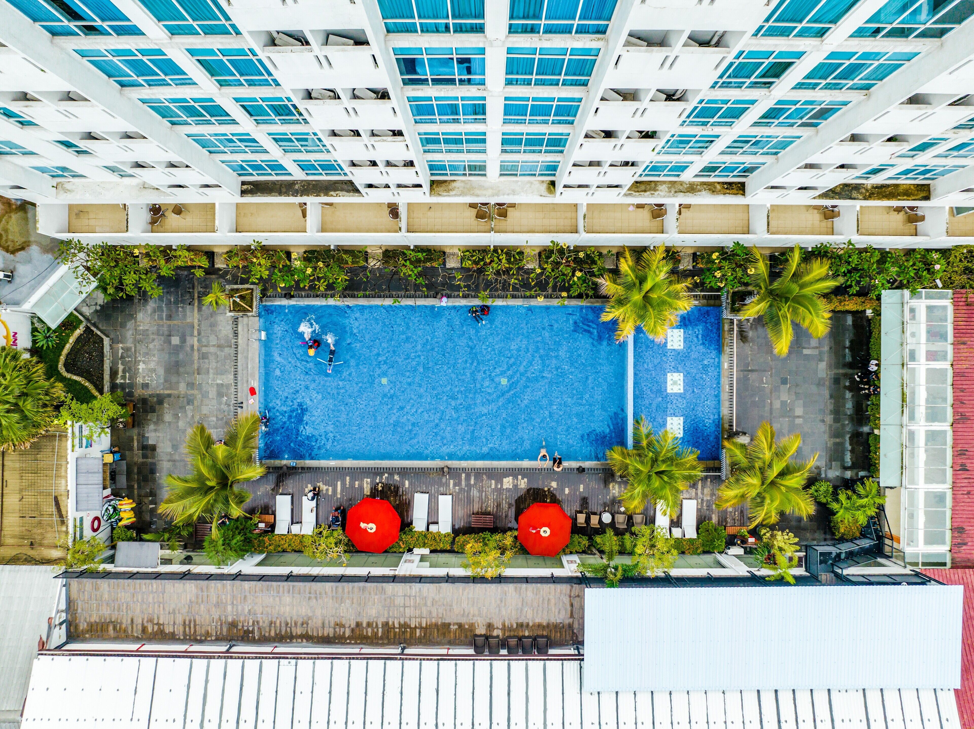 An aerial view of a hotel with a rectangular pool surrounded by palm trees and lounge chairs.