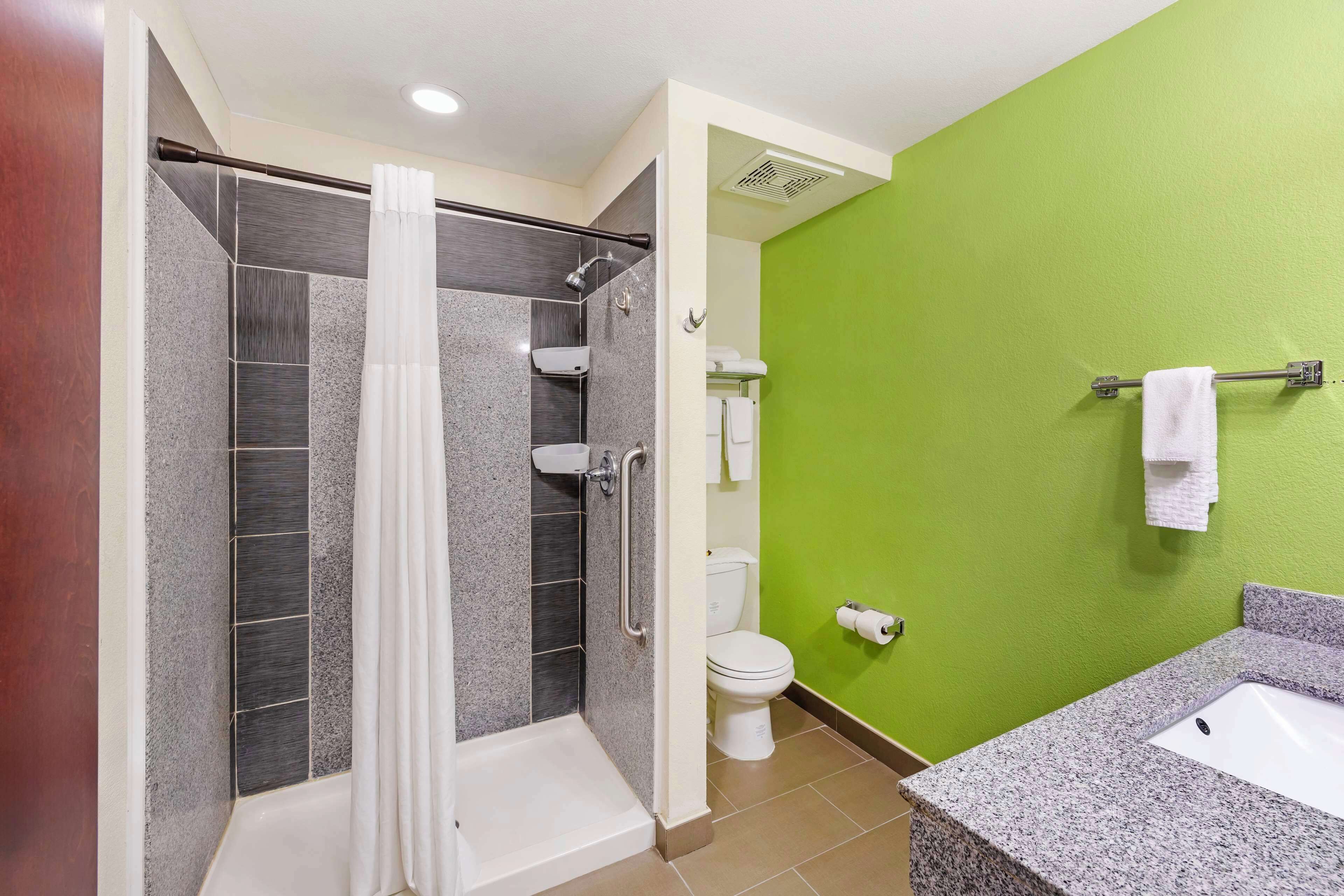 Une salle de bain avec douche, toilettes et lavabo.