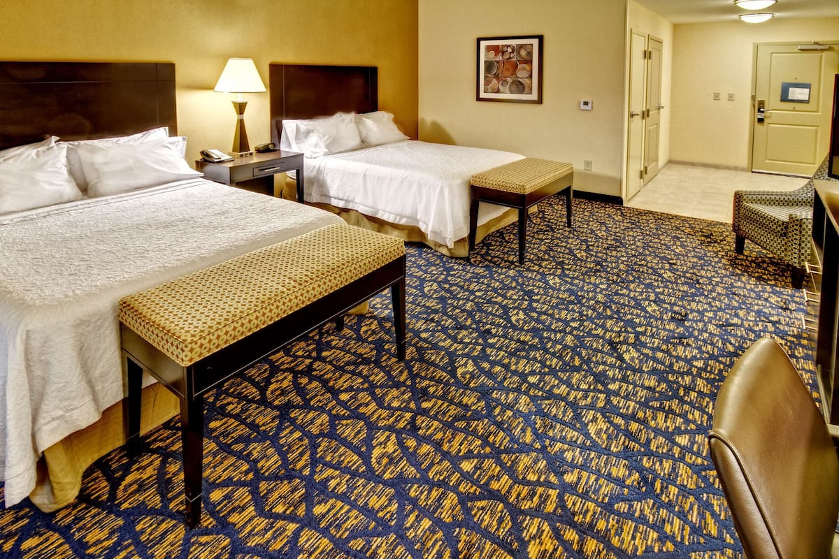 A hotel room with two beds, a desk, a chair, and a patterned carpet.