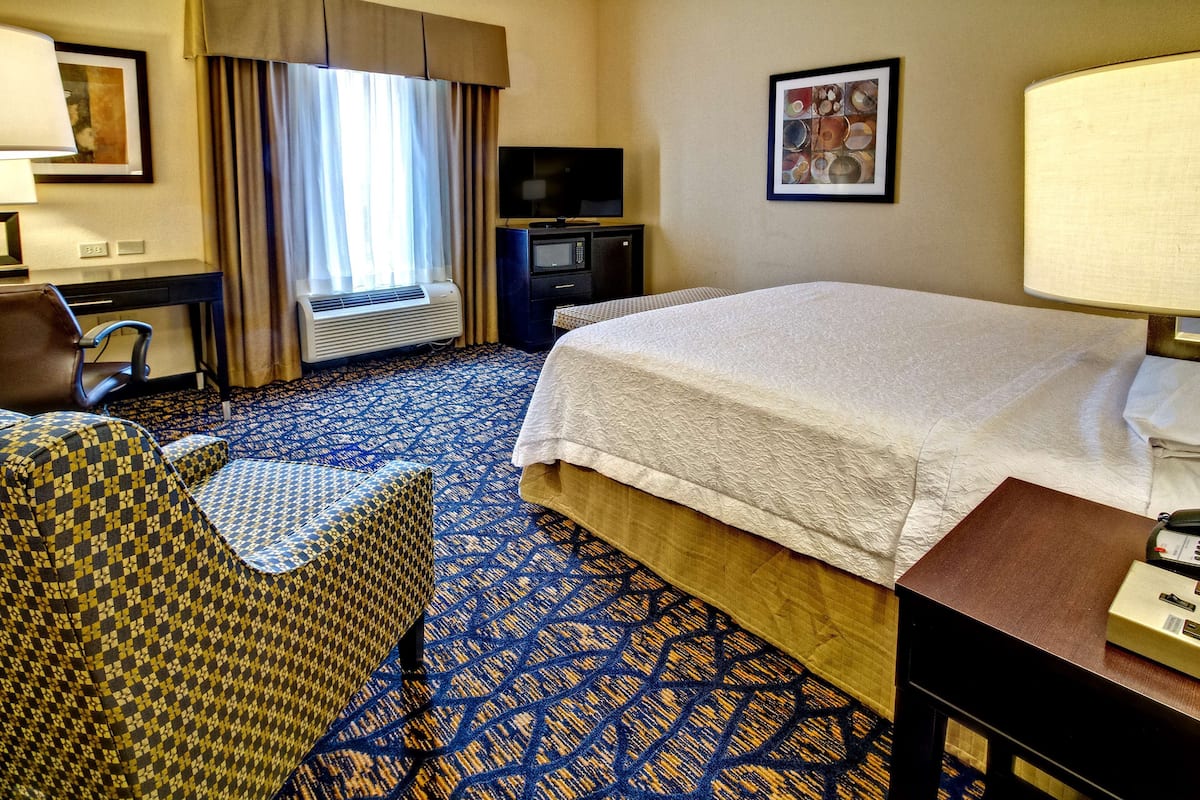 A hotel room with a large bed, a desk with a chair, a television, and a patterned carpet.