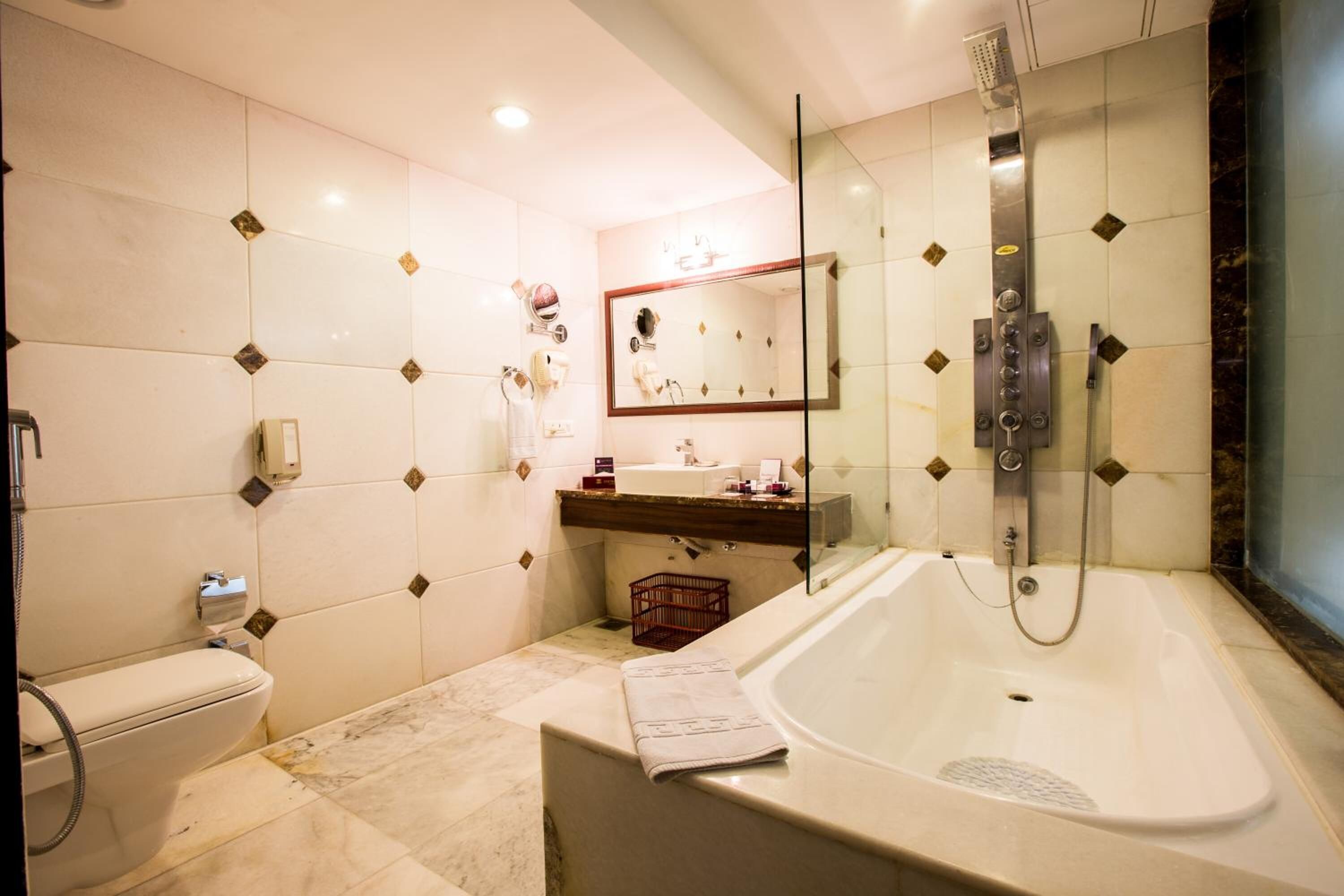 free toiletries, hair dryer, towels