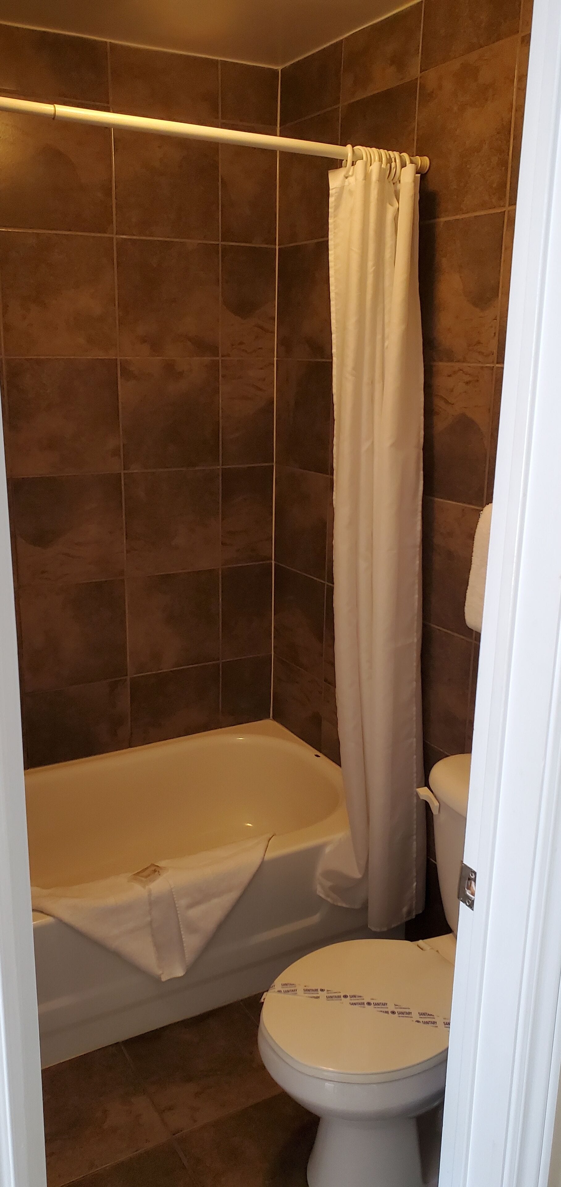 A bathroom with a bathtub, toilet, and shower curtain.