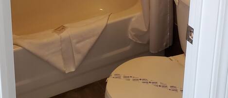 A bathroom with a bathtub, toilet, and shower curtain.
