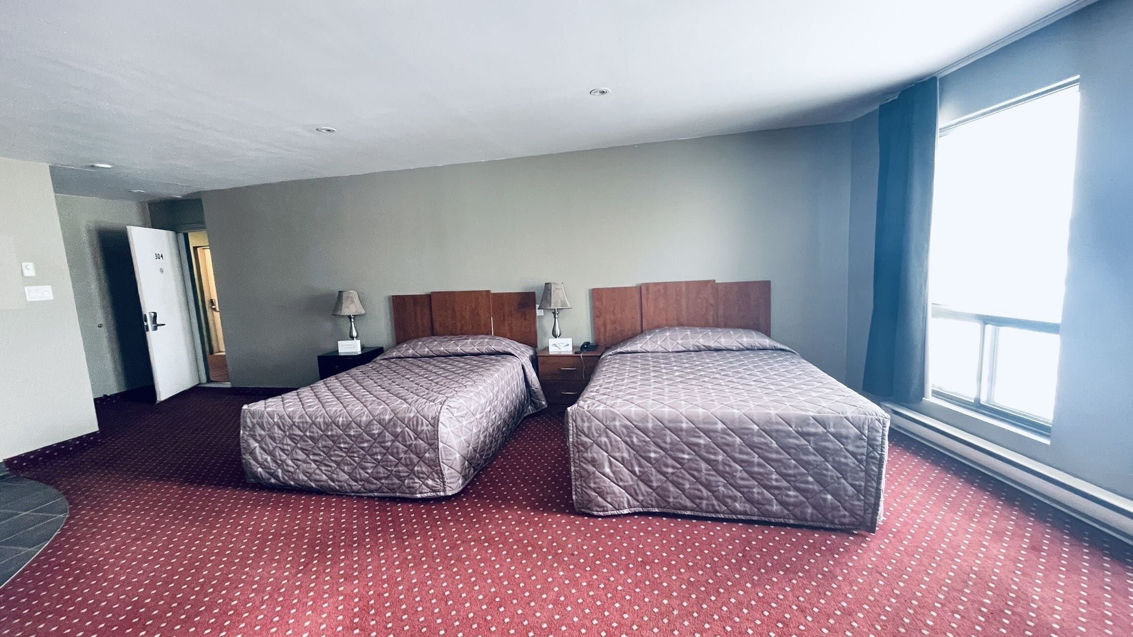 A hotel room with two beds, a red carpet, a wooden headboard, a nightstand with a lamp, and a window with a view.