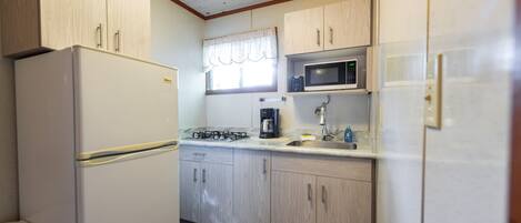 A compact kitchen with a refrigerator, microwave, stove, and cabinets.