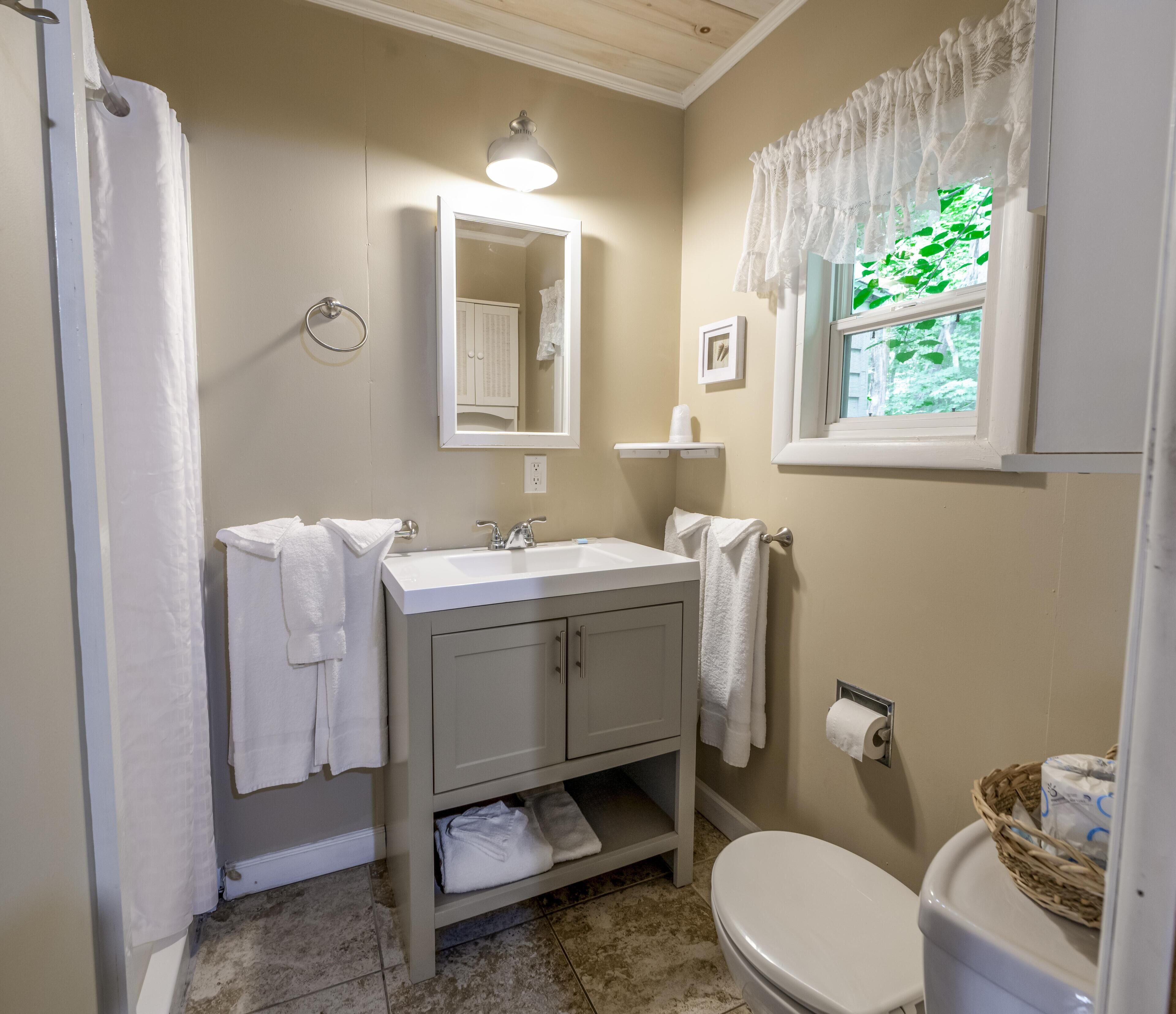 Un baño con lavamanos, espejo, inodoro y ventana con cortinas.