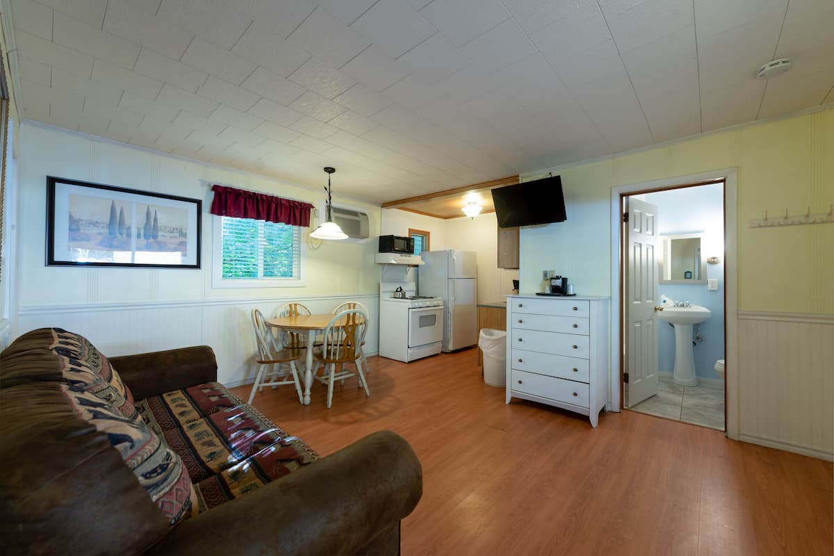 Deluxe 2 Bedroom Suite, Deck, Kitchen | Living area | 43-inch flat-screen TV with cable channels