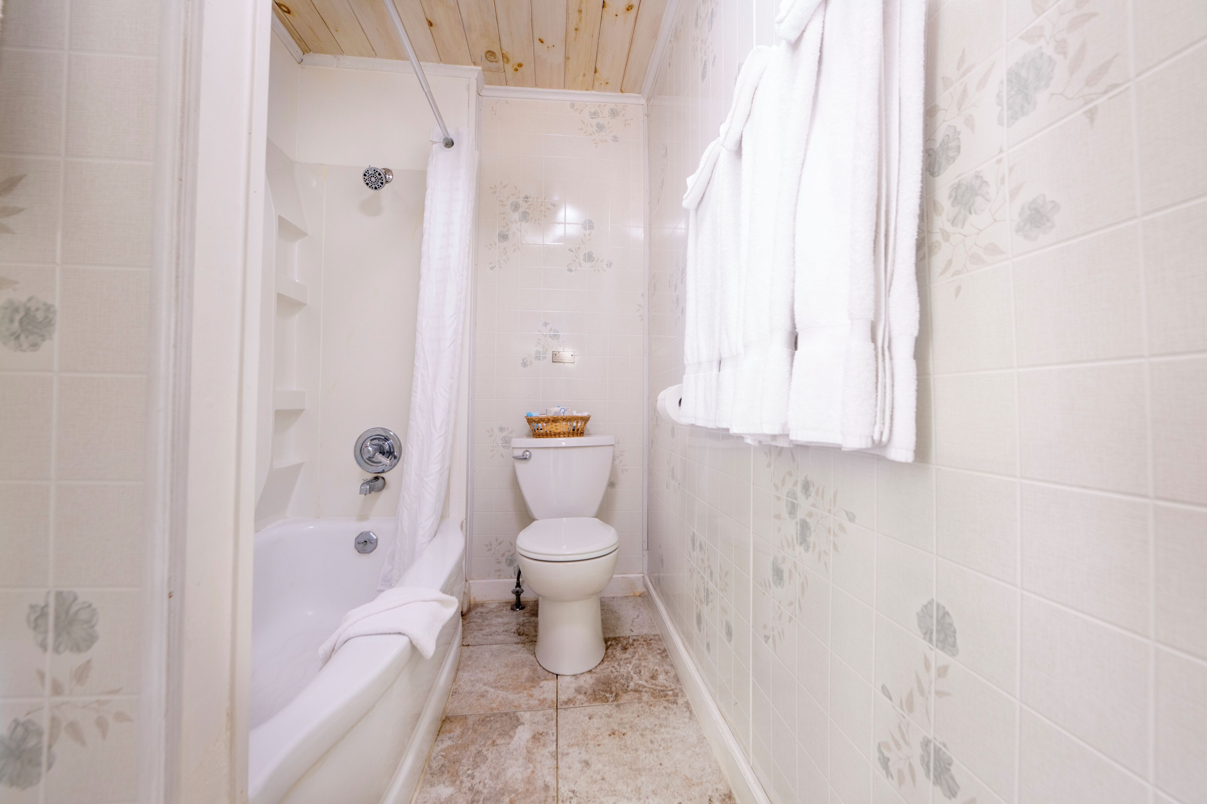 Une salle de bain avec une baignoire, des toilettes et un rideau de douche.