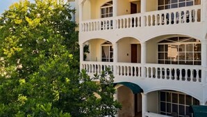 Un edificio a più piani con balconi, ampie finestre e un albero sullo sfondo.