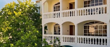 Un edificio de varios pisos con balcones, ventanas grandes y un árbol en primer plano.
