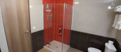 Een badkamer met een douchecabine, toilet en wastafel.