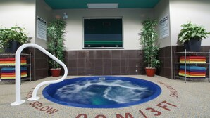 A spa area with a hot tub, towels, and potted plants. - Dreamz Inn (Central Huron)