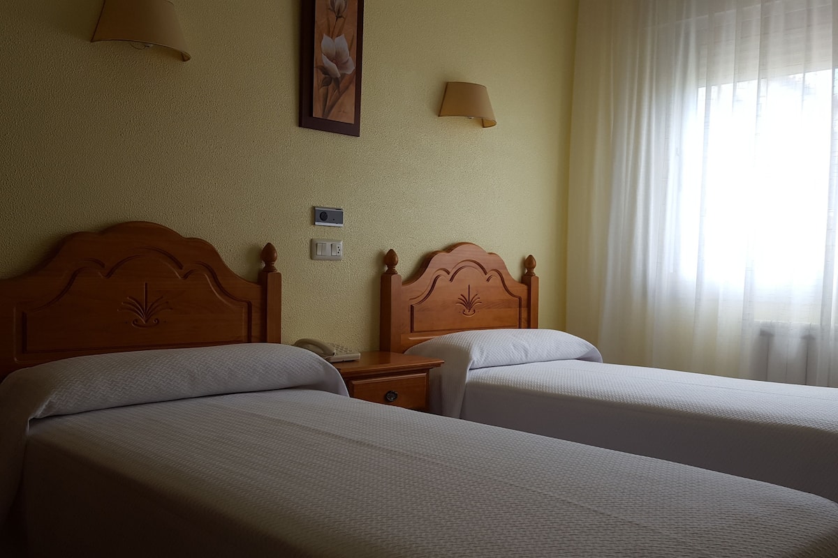 Habitación de hotel con dos camas individuales, cabecera de madera, mesita de noche con lámpara, un cuadro en la pared y ventana con cortinas.
