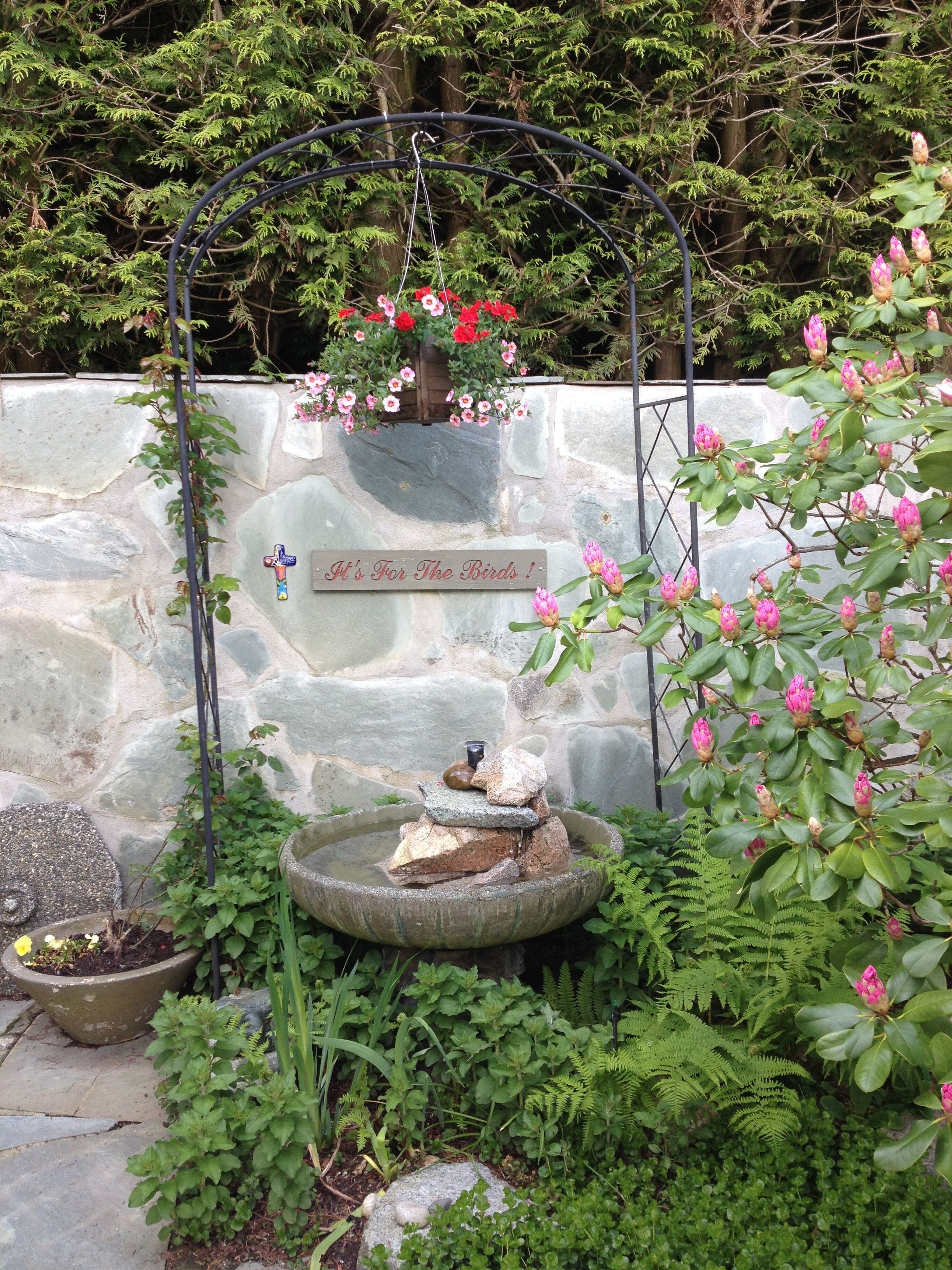 Un jardín con un bebedero para pájaros, un muro de piedra y un letrero que dice 'It's For The Birds!'