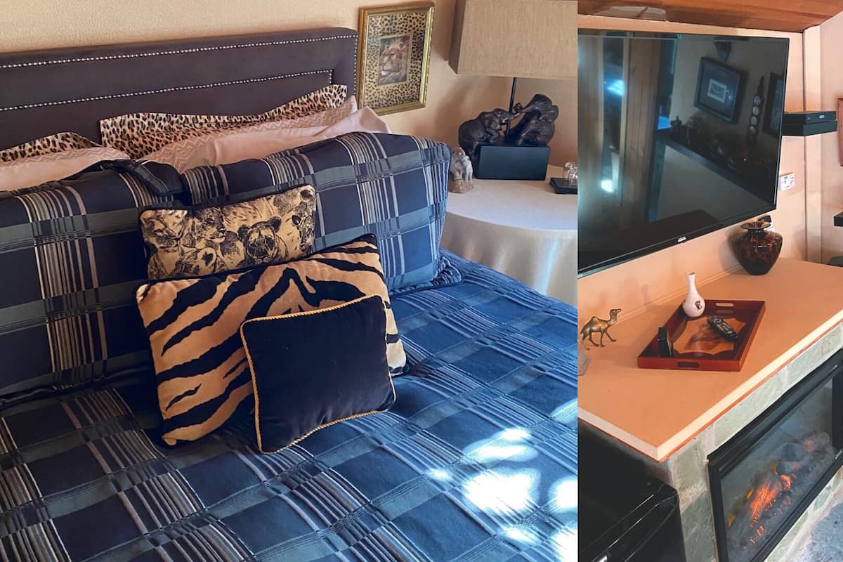 A bedroom with a bed, a TV, and a fireplace.