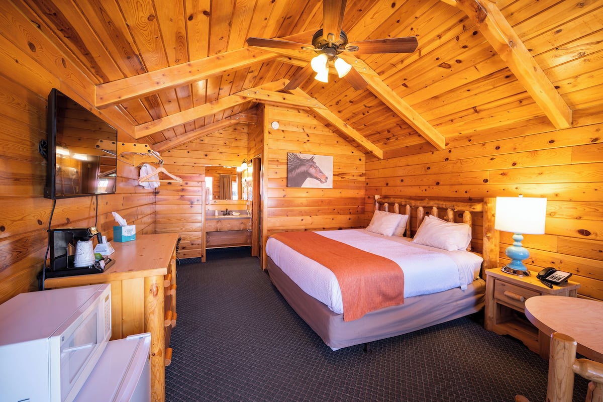 Habitación tipo cabaña de madera con cama, escritorio, silla, espejo, ventilador de techo y televisor montado.