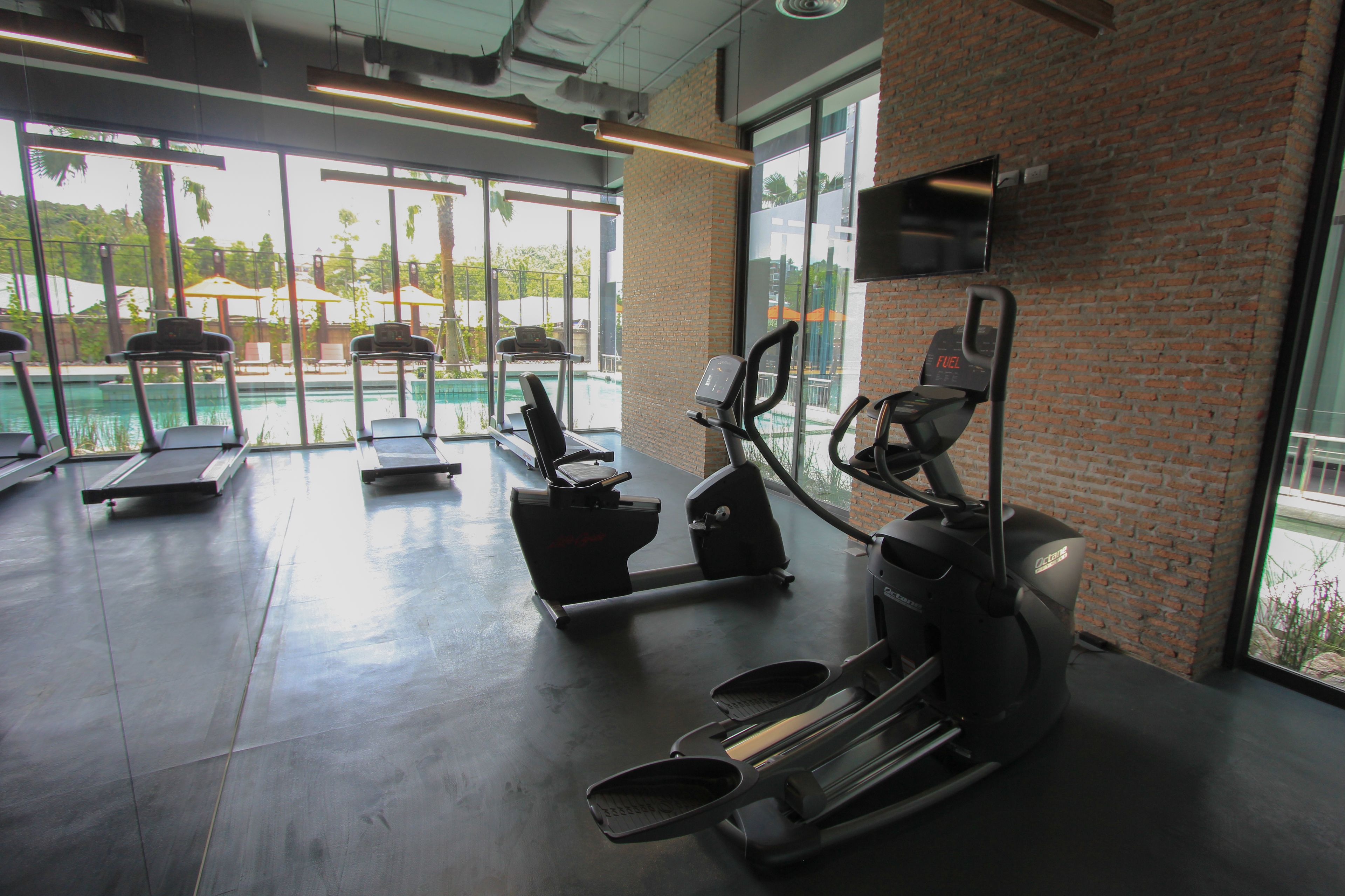 Un gimnasio con cintas de correr, elípticas y una zona de piscina, todo visible a través de grandes ventanales.
