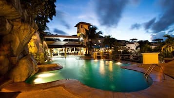 Outdoor pool, pool umbrellas, pool loungers