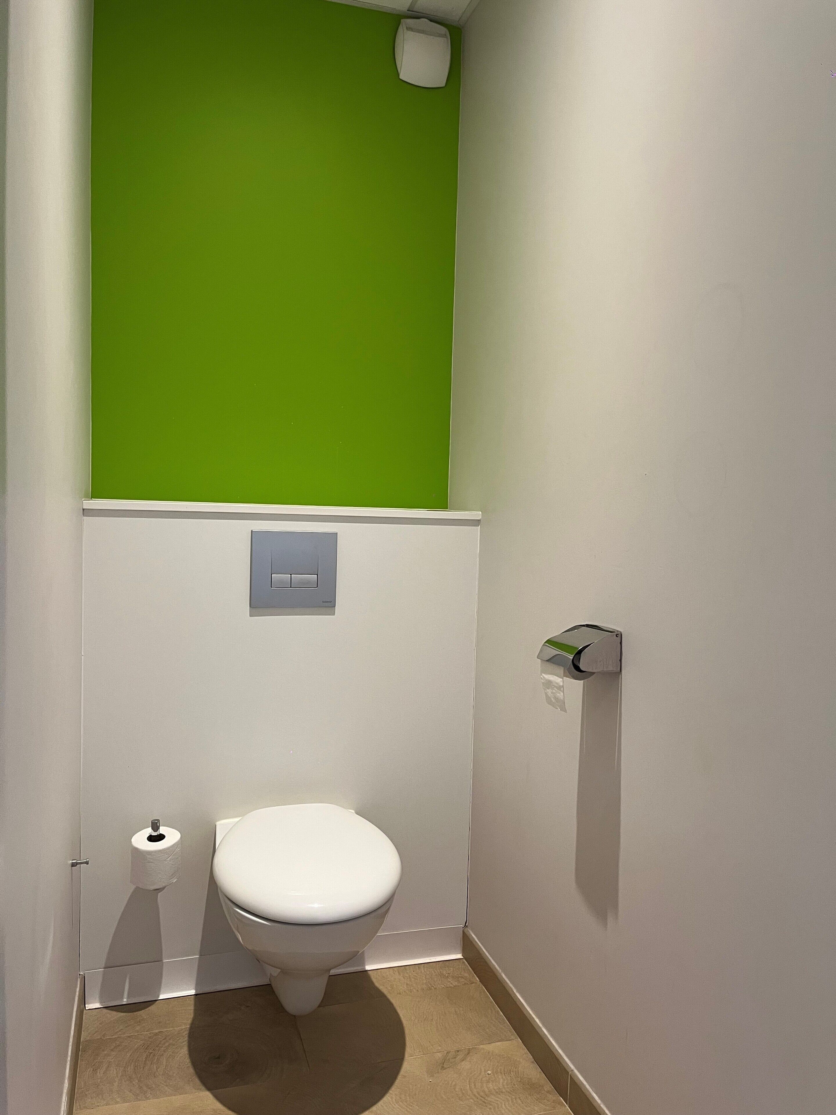 Une petite salle de bain avec des toilettes blanches, un mur d’accent vert, une plinthe blanche et un porte-rouleau de papier toilette.
