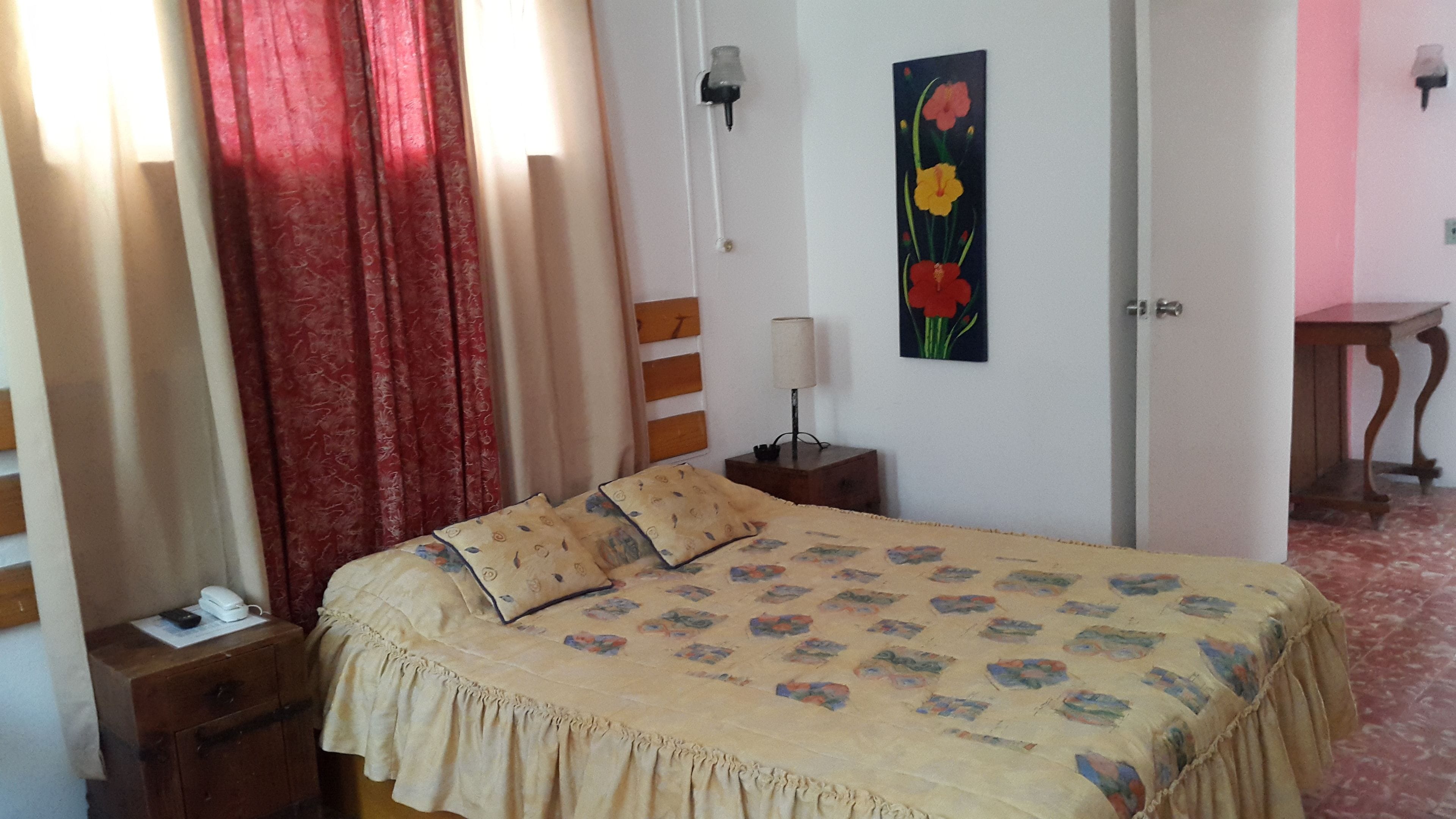 A bedroom with a bed, a nightstand, a lamp, a painting, and a door.