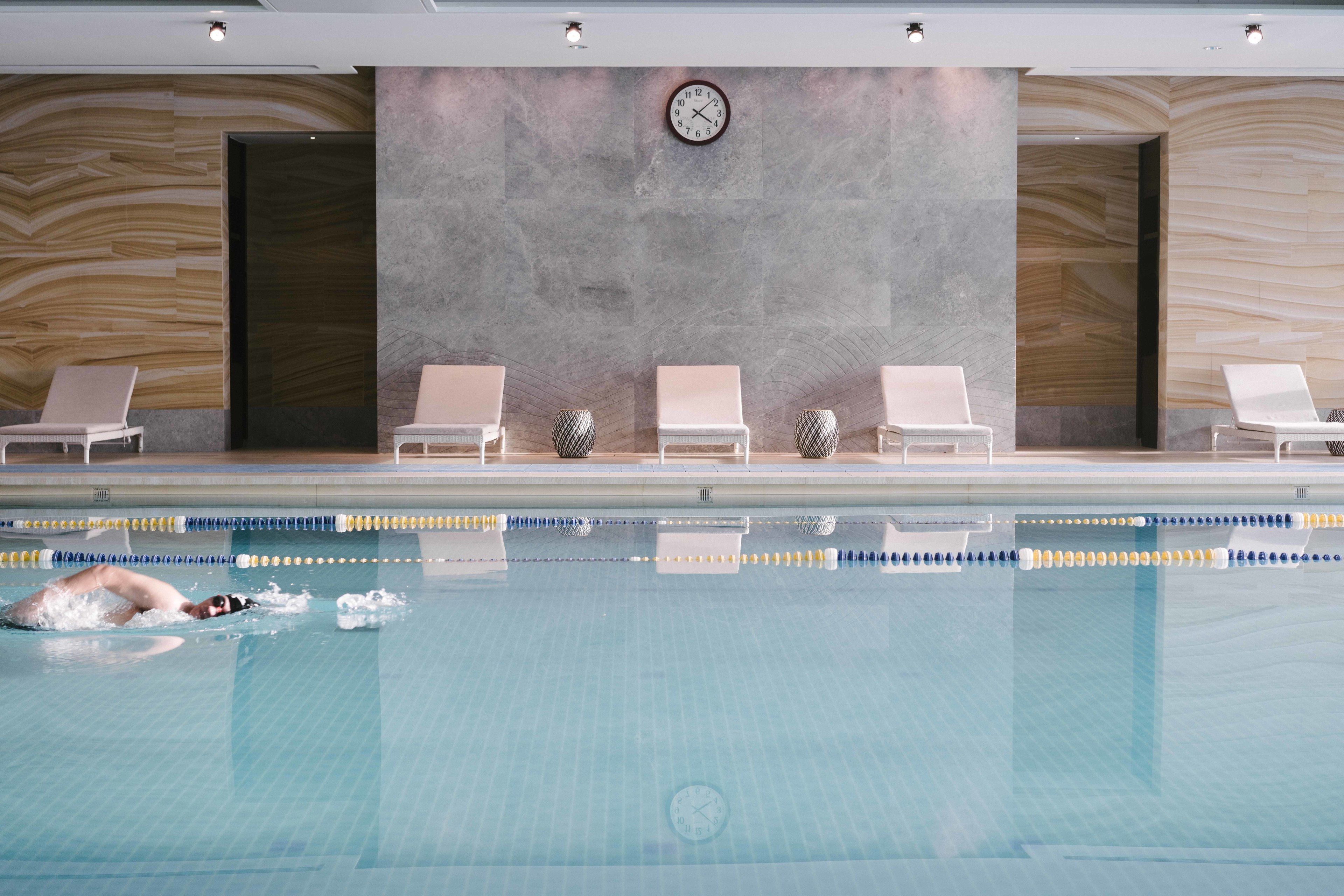 indoor pool, pool loungers