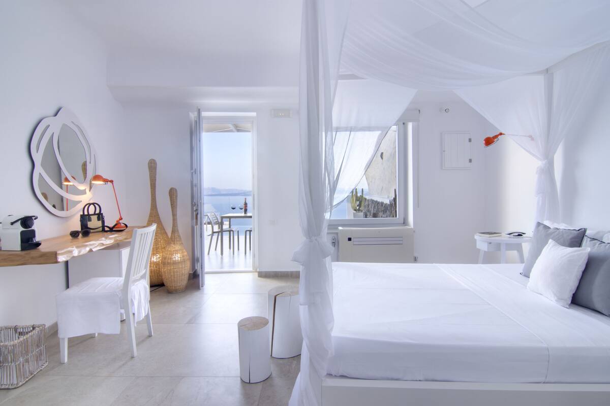 A white bedroom with a bed, a desk, a chair, and a large window.