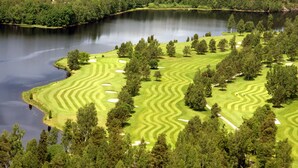 A golf course with a lake, surrounded by dense forest.
