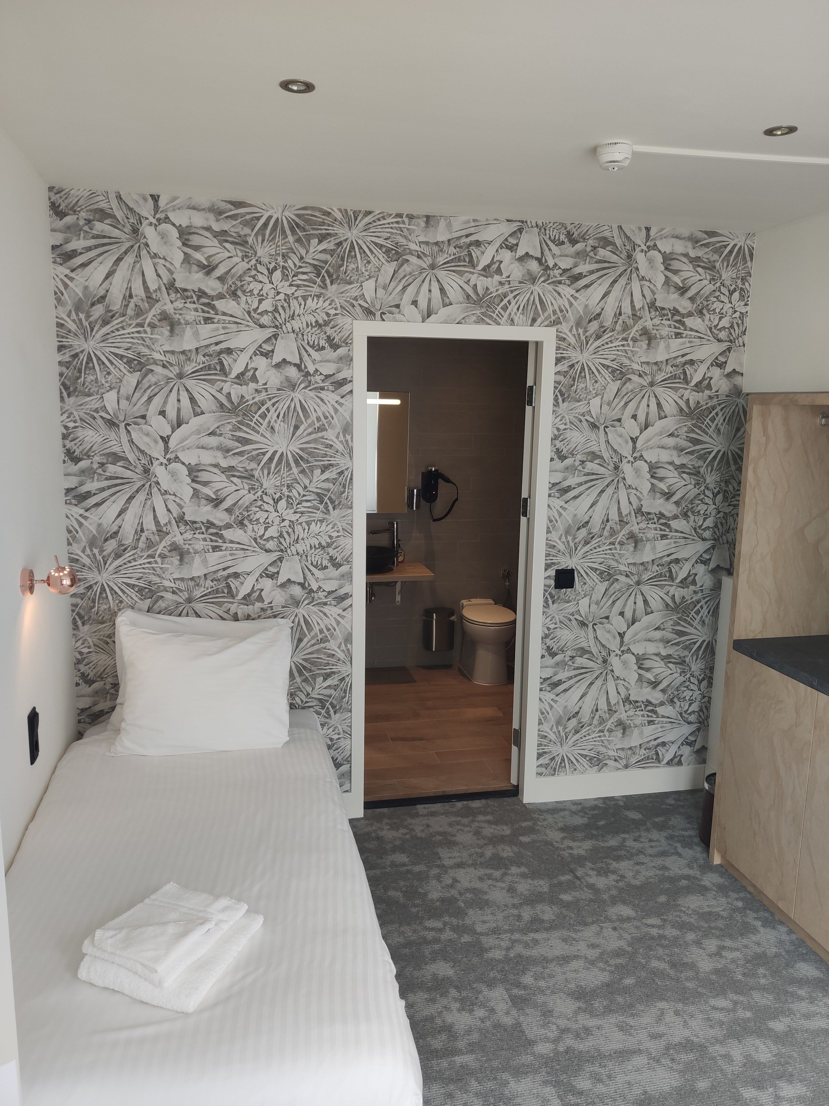 A bedroom with a bed, a bathroom visible through an open door, and a shower area.