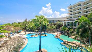 2 outdoor pools, open 7:00 AM to 7:00 PM, pool umbrellas, pool loungers