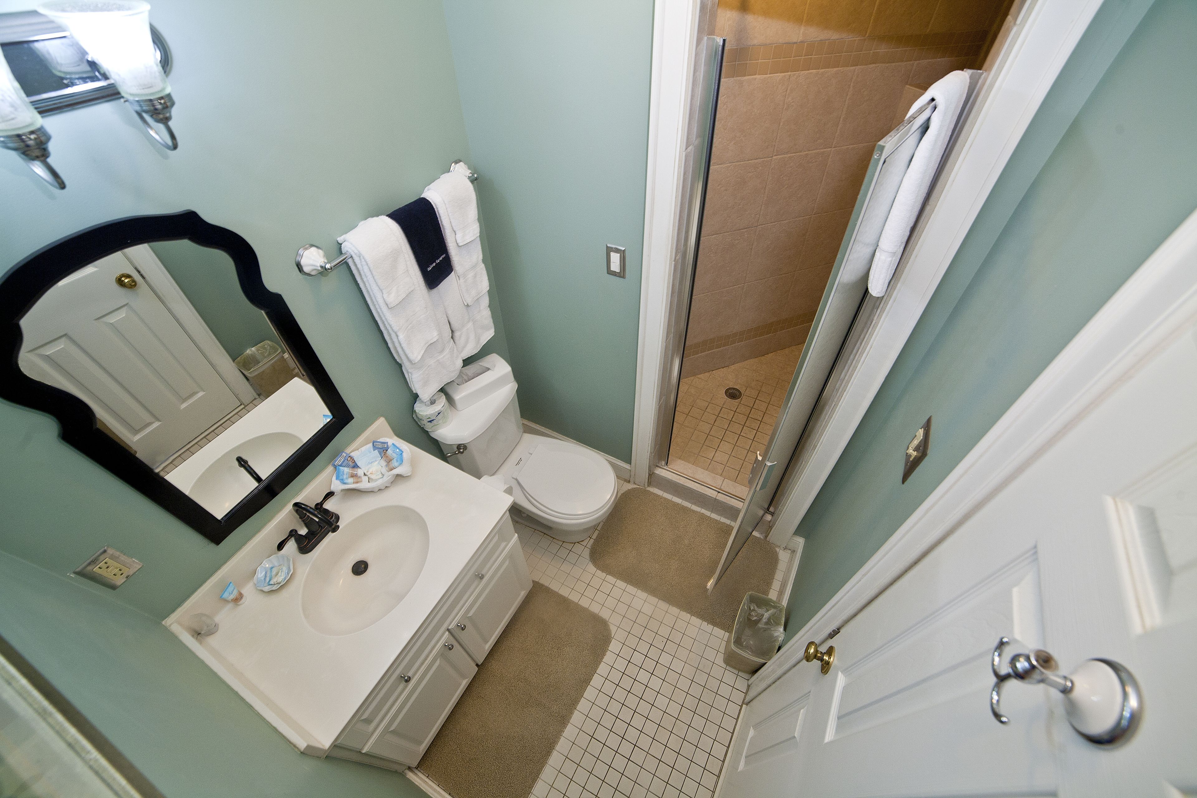 Une salle de bain avec un lavabo blanc, un miroir, des toilettes et une douche.
