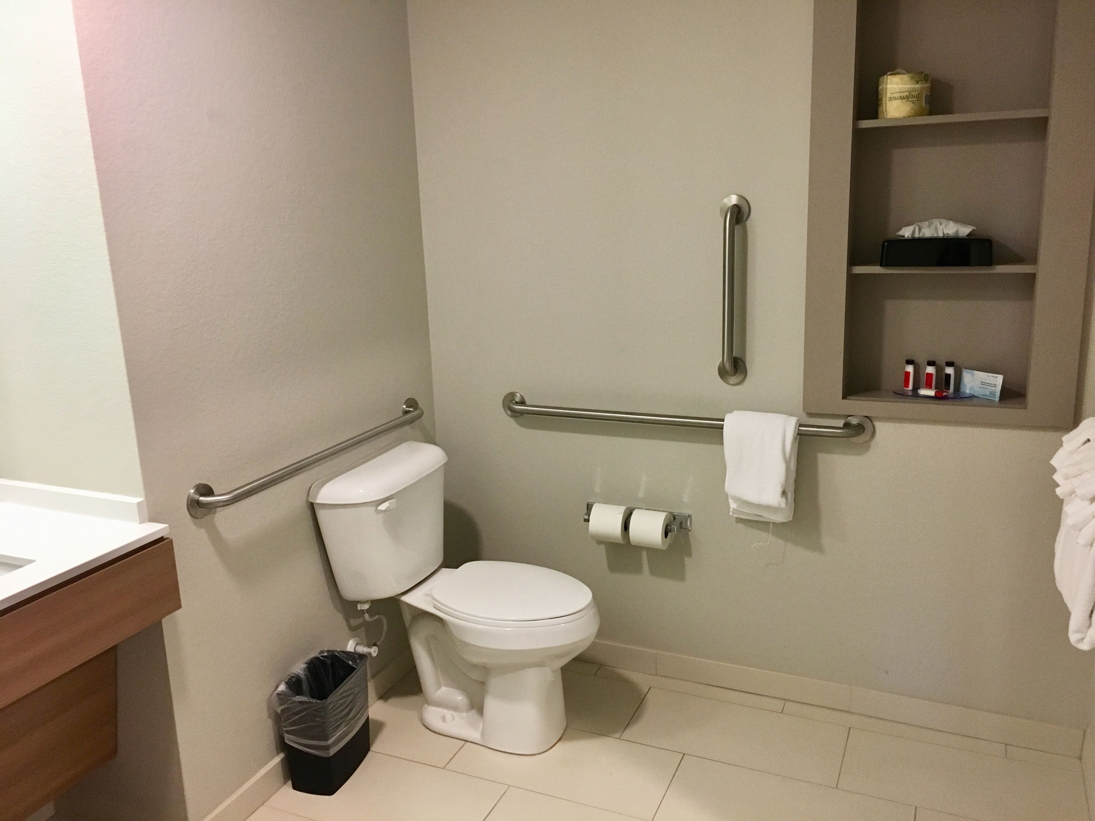 A bathroom with a toilet, grab bars, a trash can, and a shelf with toiletries.