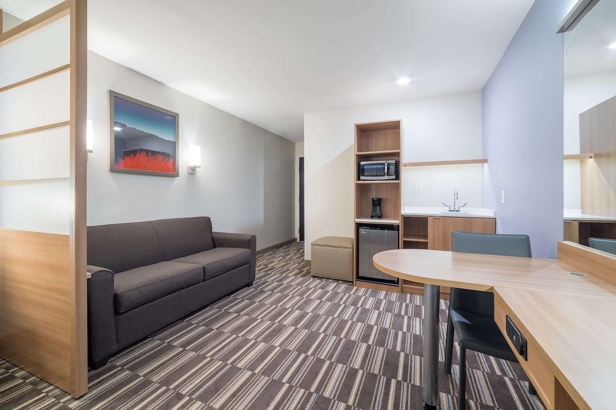 A modern hotel room with a sofa, a dining table, a microwave, and a small kitchenette.