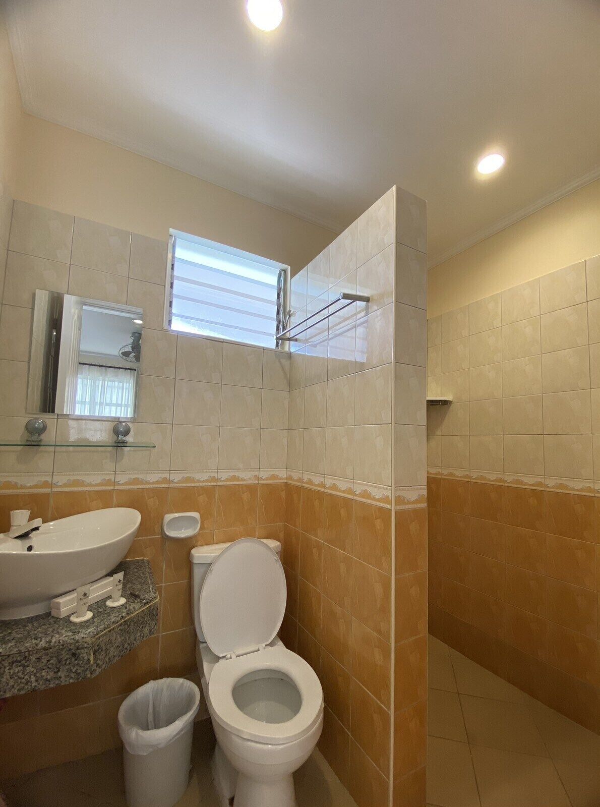 A bathroom with a toilet, sink, and a window.